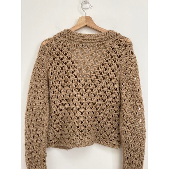 VINCE. Crochet Open Knit Wool Cashmere Luxury Cardigan Amber Light - Medium - Picture 4 of 10